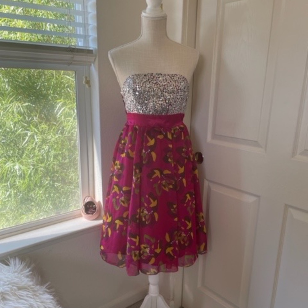 Passport | NWT Pink Strapless Floral Midi Dress with Rhinestone Detail, Size S